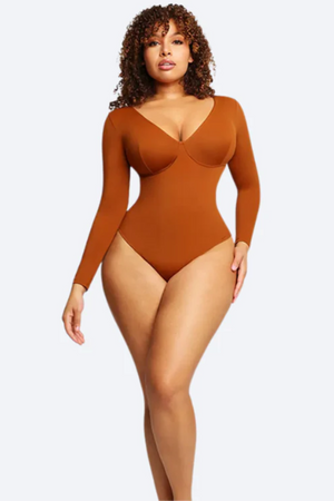 V-Neck Long-Sleeve Thong Bodysuit