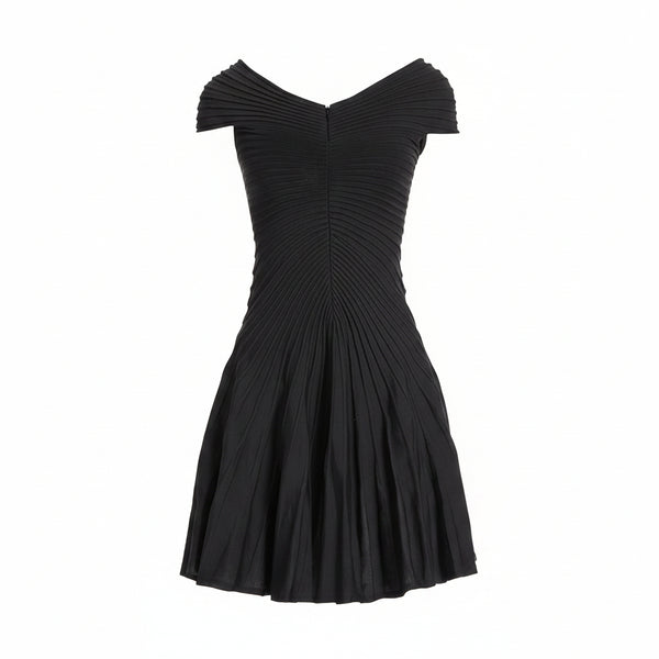 Black off-shoulder dress on a white background