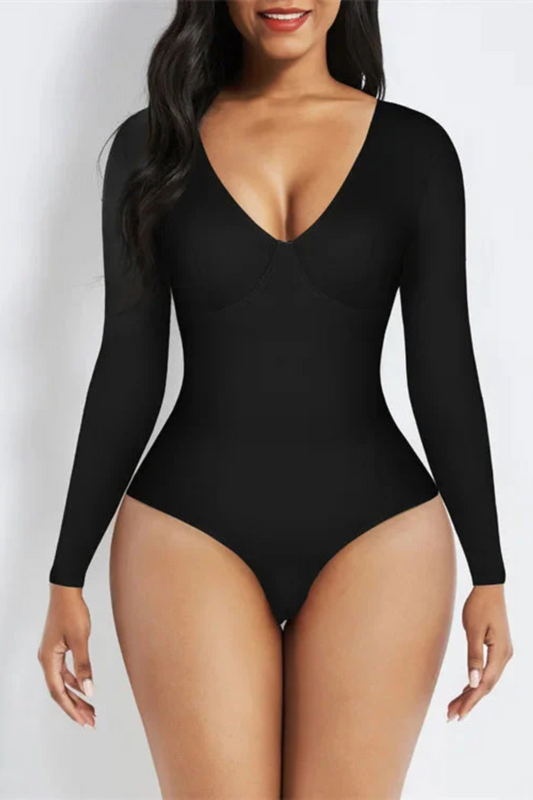 V-Neck Long-Sleeve Thong Bodysuit