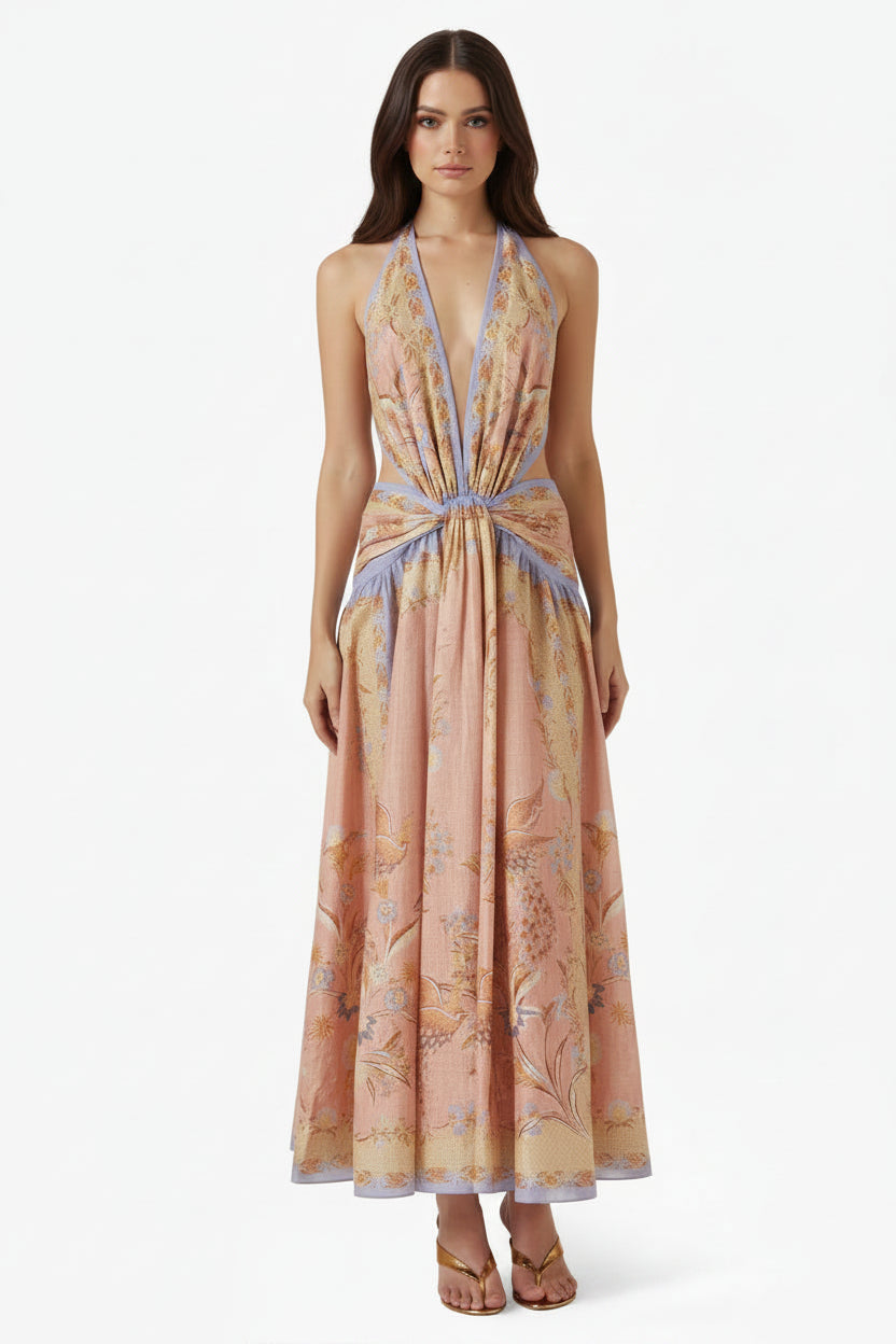 Woman wearing a floral patterned dress on a white background