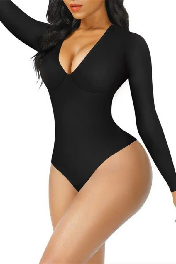 V-Neck Long-Sleeve Thong Bodysuit