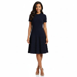 Navy blue patterned dress on a white background