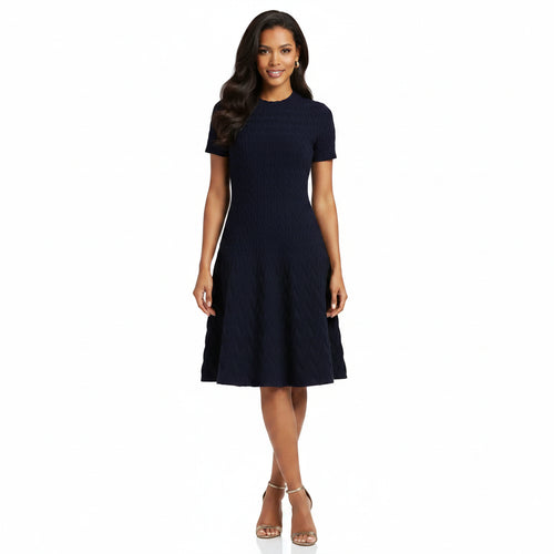Navy blue patterned dress on a white background