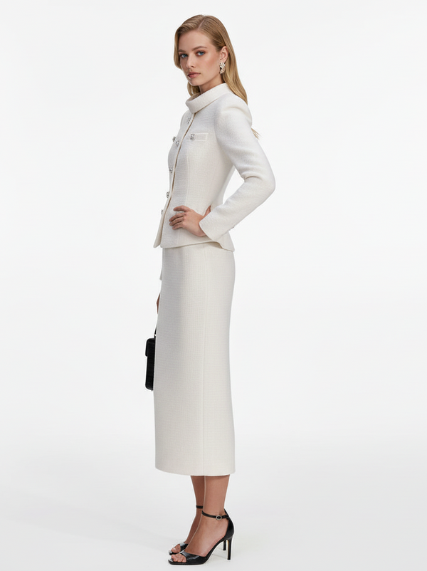 Stand Collar Rhinestone Top & A-Line Midi Set Winteres