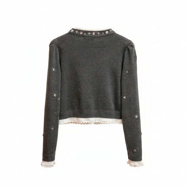 Lace Collar Rhinestone Cardigan Winteres