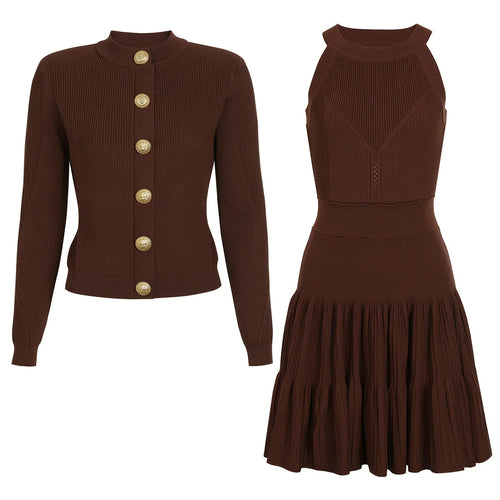 Halter Knit Dress Cardigan Set Midi Winteres