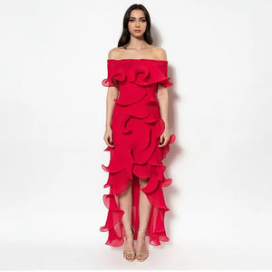 Red off-shoulder ruffled dress on a white background