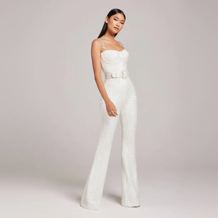 Summer Sexy Elegant White Bodysuit Sequin Rompers Women's Jumpsuits With Belts – Fashion – Winteres