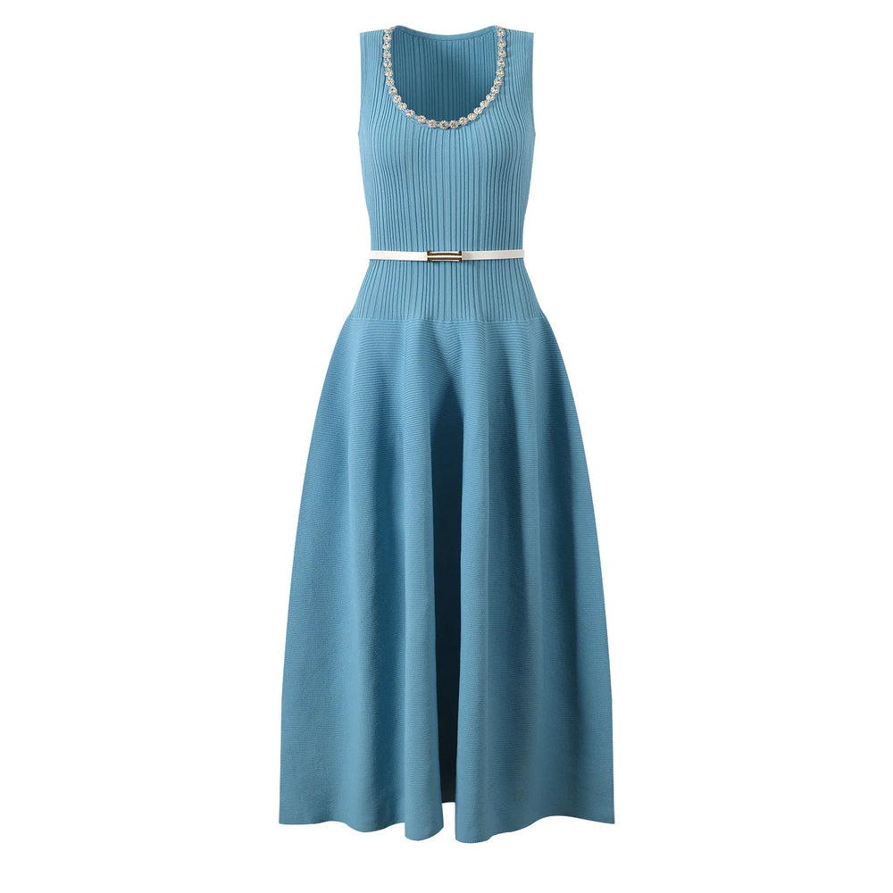 Blue dress with a belt on a white background