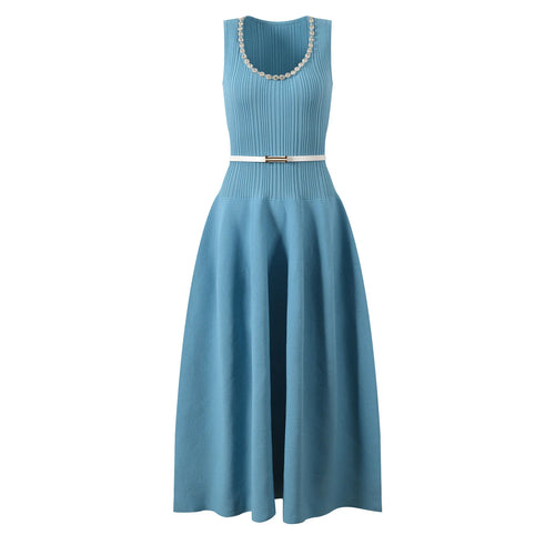 Blue dress with a belt on a white background