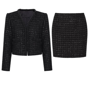 Beaded Tweed V-Neck Coat & Skirt Set Winteres