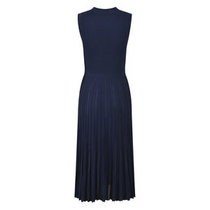 Navy blue sleeveless dress on a white background