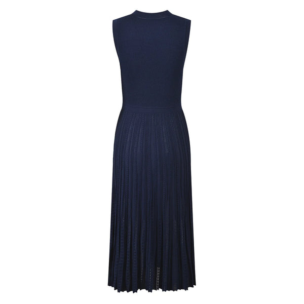 Navy blue sleeveless dress on a white background