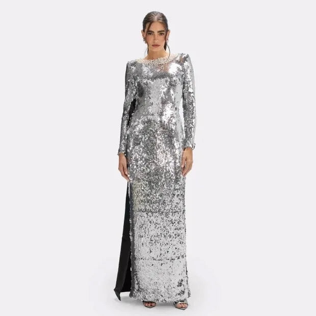 Fashion 2026 Luxury Solid Vintage Casual Beaded Glitter Long Sleeve Silver Party Dress Backless Bow Formal Maxi Women Dress Winteres