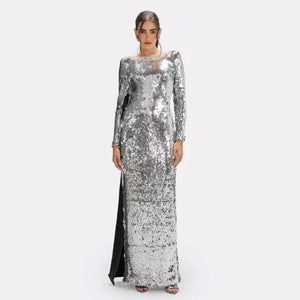 Fashion 2026 Luxury Solid Vintage Casual Beaded Glitter Long Sleeve Silver Party Dress Backless Bow Formal Maxi Women Dress Winteres