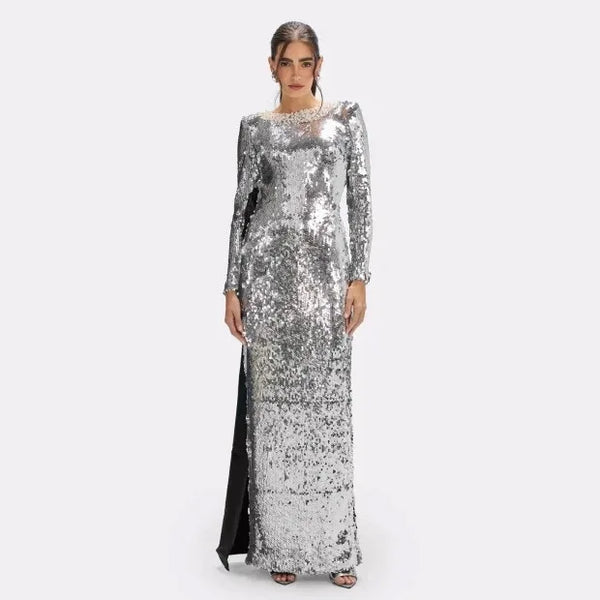 Fashion 2026 Luxury Solid Vintage Casual Beaded Glitter Long Sleeve Silver Party Dress Backless Bow Formal Maxi Women Dress Winteres
