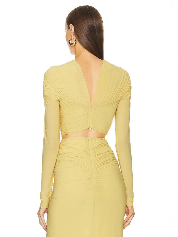 New Fashion Solid Color Fashion Wind Hollow Out Heavy Pleated Long Sleeve Low-cut Sexy Party Dress Winteres
