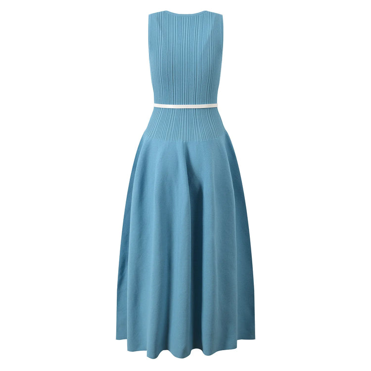Blue dress with a belt on a white background