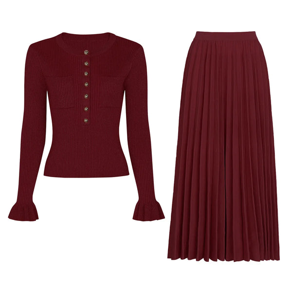 Slim Knit Sweater & Pleated Skirt Set Winteres