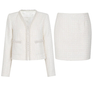 Beaded Tweed V-Neck Coat & Skirt Set Winteres