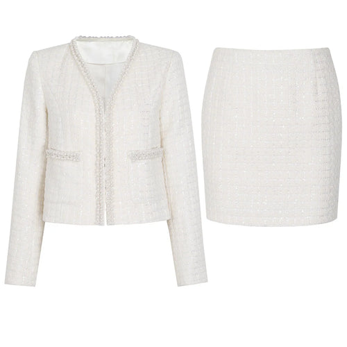 Beaded Tweed V-Neck Coat & Skirt Set Winteres
