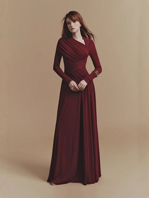 2025 New Niche Design Asymmetrical Pleated Long Sleeve Midi Dress Casual Woven Anti-Static Natural Waist Winteres