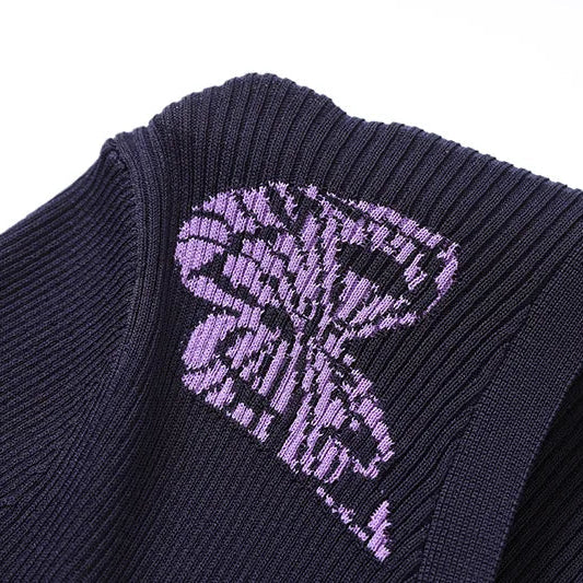 Navy blue sweater with a purple geometric pattern on a white background