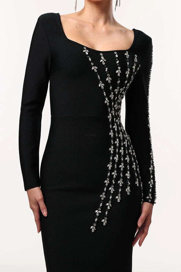 Women Chic IJoie Elegant Contour Long Sleeve Rhinestone Bandage Ma Ladies Bodycon Occassion Birthday Cocktail Prom Party Dresses Winteres