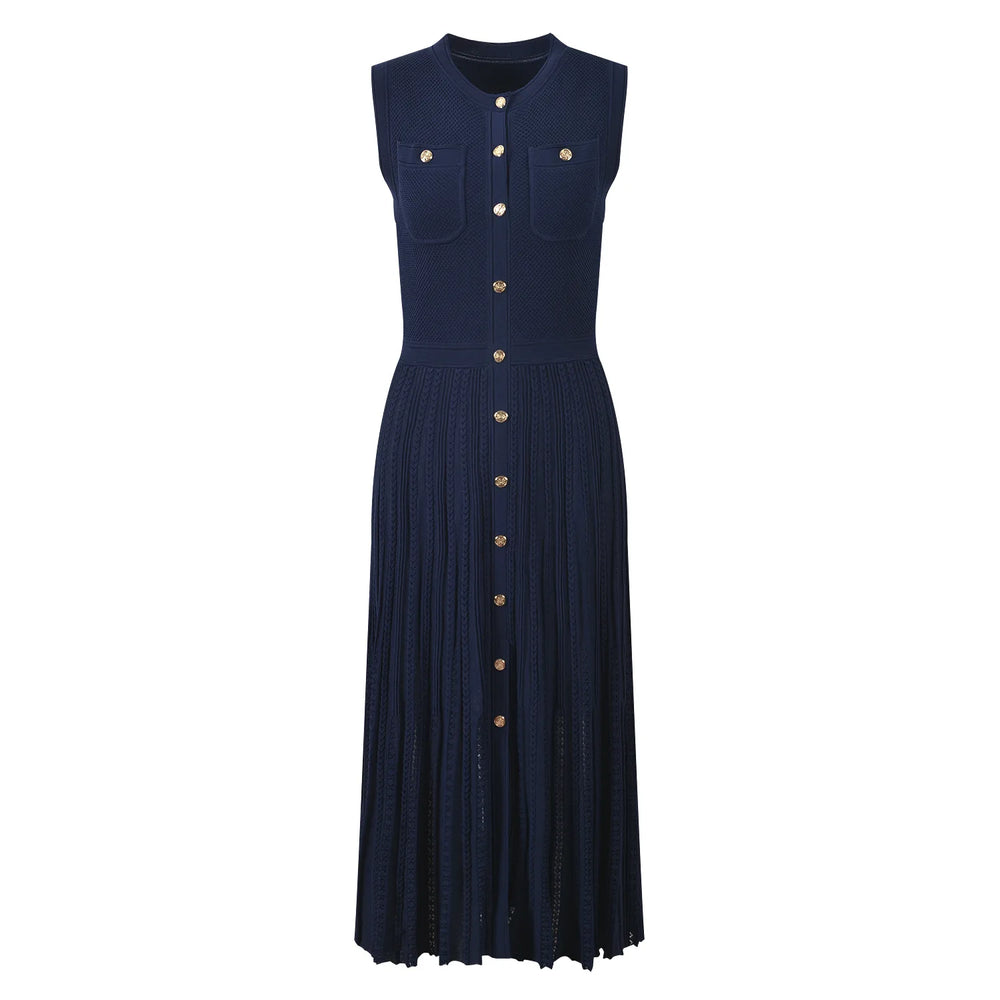 Navy blue dress with gold buttons on a white background