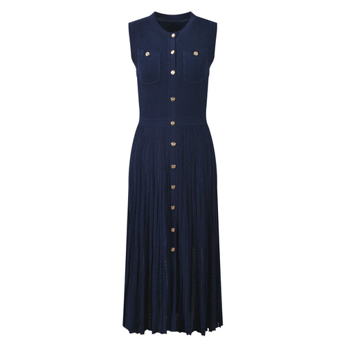 Navy blue dress with gold buttons on a white background