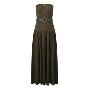 Olive green strapless dress with a belt on a white background
