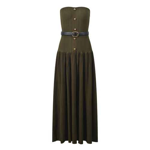 Olive green strapless dress with a belt on a white background