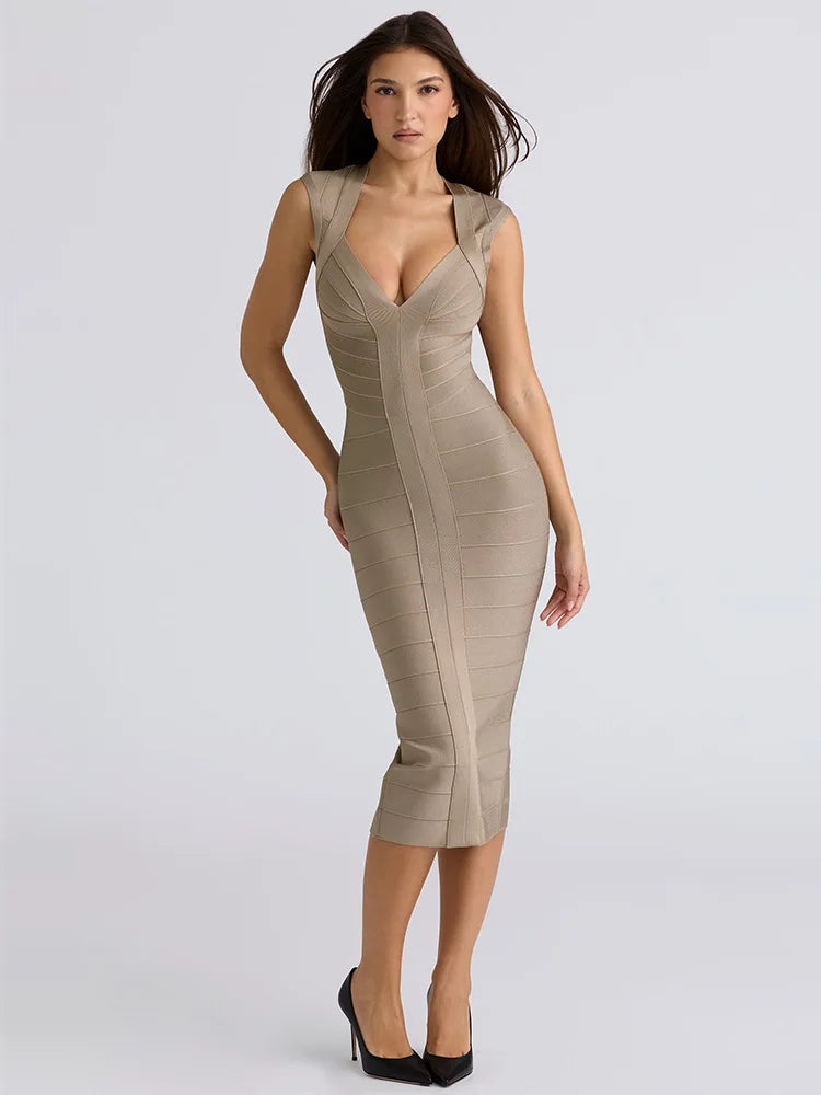 Zanela Khaki V-Neck Maxi Dress Winteres