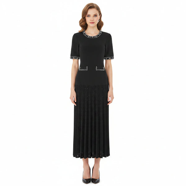 Black dress with decorative elements on a white background