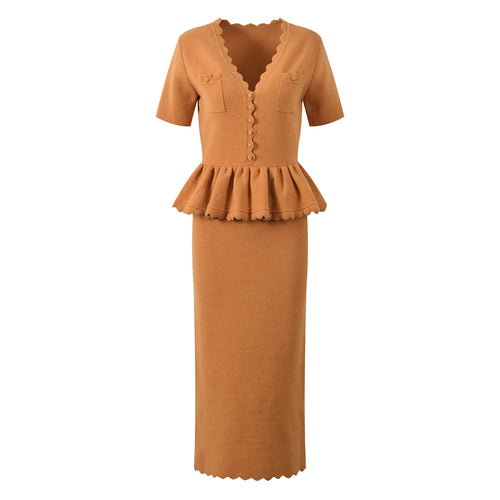 Brown dress with a peplum waist on a white background