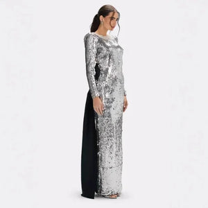 Fashion 2026 Luxury Solid Vintage Casual Beaded Glitter Long Sleeve Silver Party Dress Backless Bow Formal Maxi Women Dress Winteres