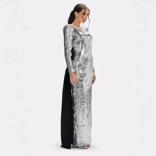 Fashion 2026 Luxury Solid Vintage Casual Beaded Glitter Long Sleeve Silver Party Dress Backless Bow Formal Maxi Women Dress Winteres