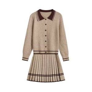 Polo-Neck Jacquard Preppy Knit & Skirt Set Winteres