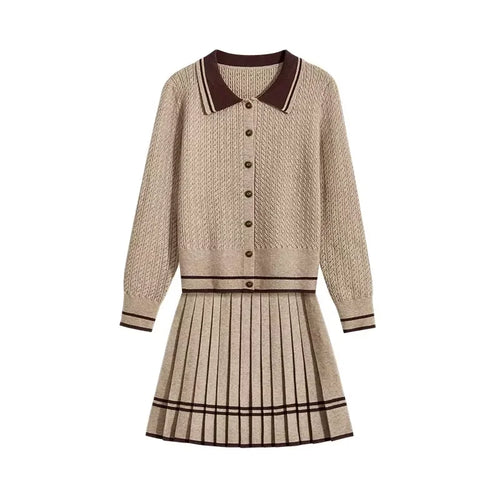 Polo-Neck Jacquard Preppy Knit & Skirt Set Winteres