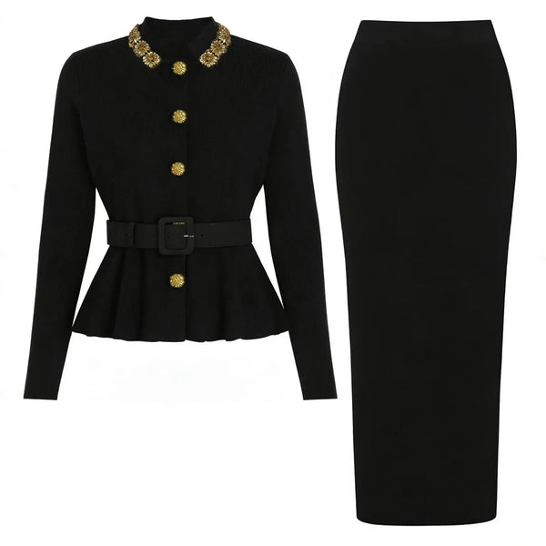 Black jacket with gold buttons and a black pencil skirt on a white background