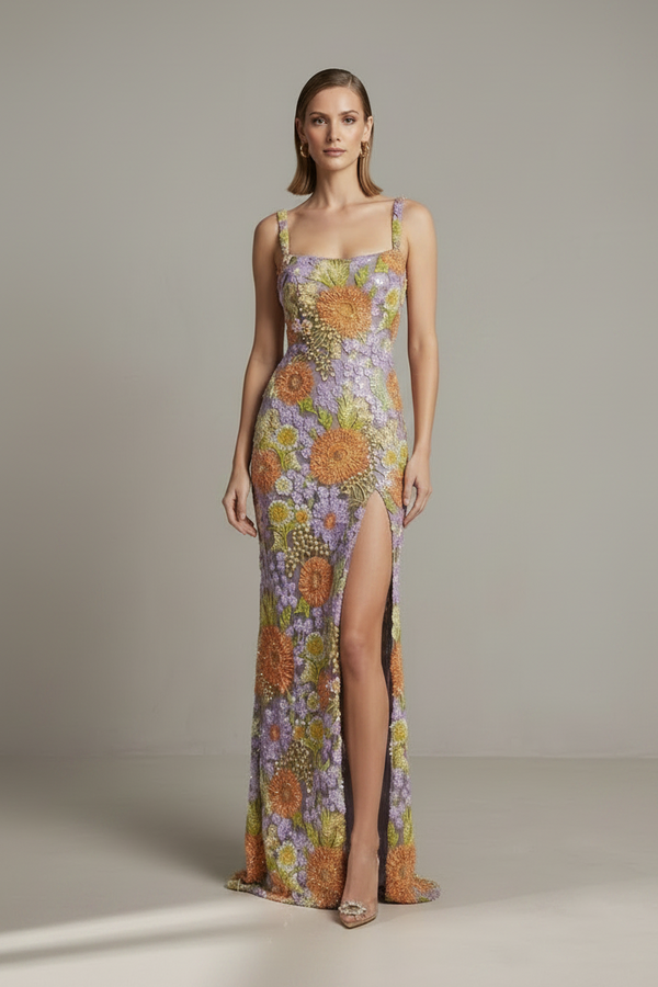 Woman wearing a floral evening gown against a neutral background