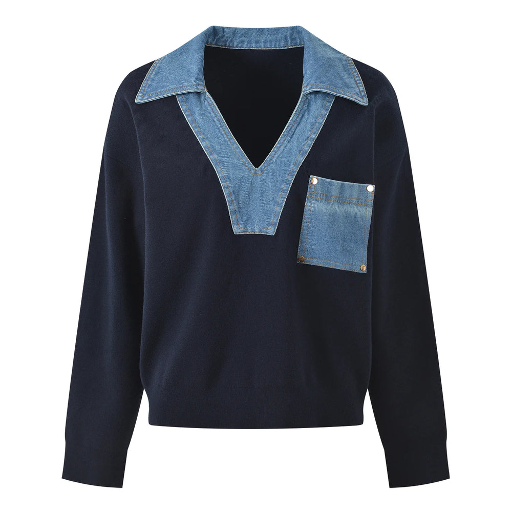 Denim Patchwork V-Neck Sweater Winteres