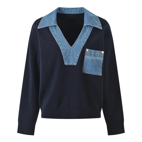 Denim Patchwork V-Neck Sweater Winteres