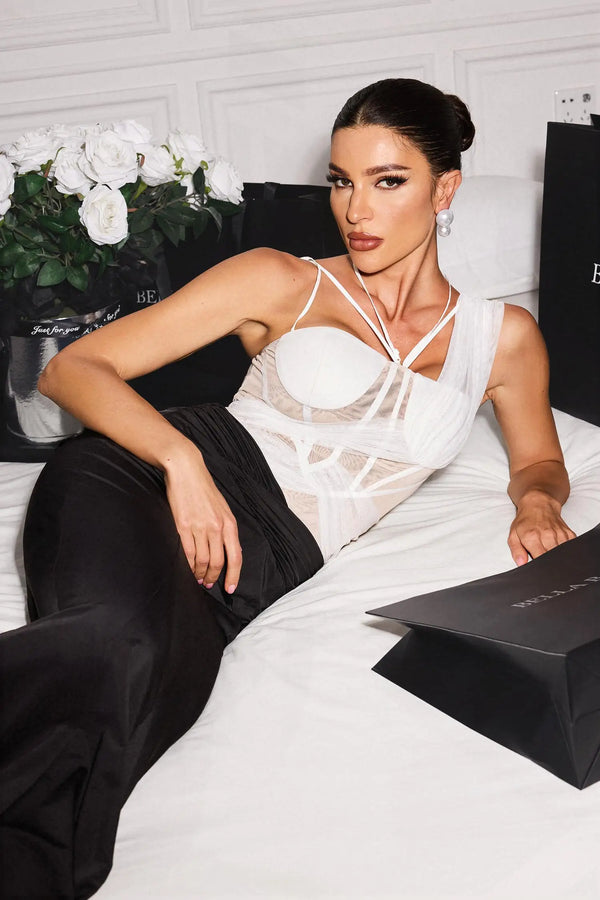 Women Sexy Elegant White Top and Black Skirt Sleeveless Party Hollow Out Maxi Bodysuit Two Piece Set Bodycon Winteres