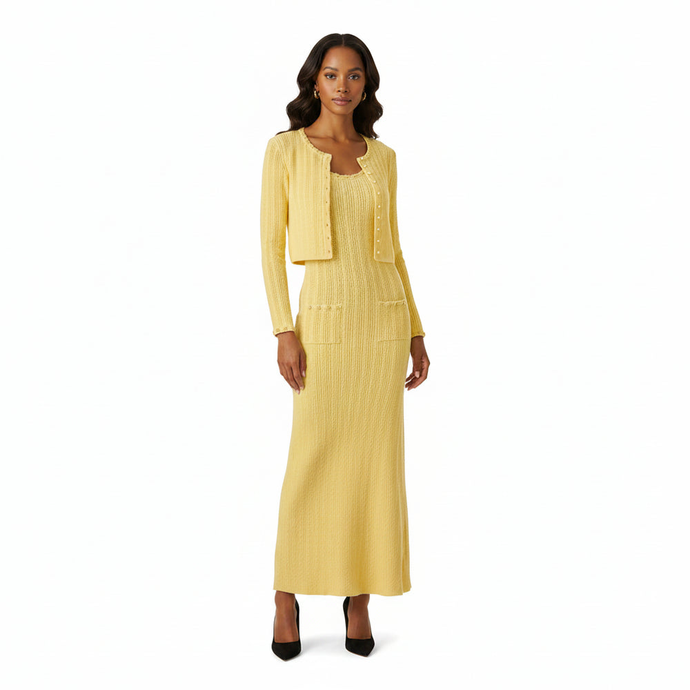 Yellow long-sleeve cardigan and dress set on a white background
