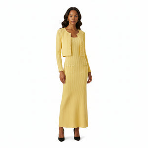 Yellow long-sleeve cardigan and dress set on a white background