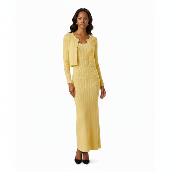Woman wearing a yellow dress and jacket set on a white background