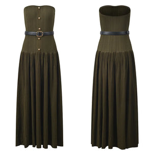Green strapless dress with a belt on a white background