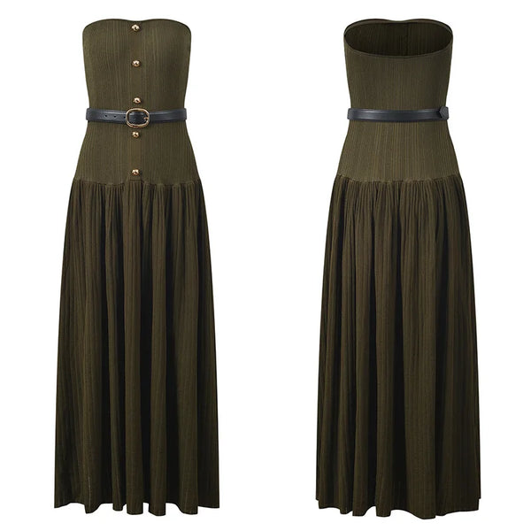Green strapless dress with a belt on a white background