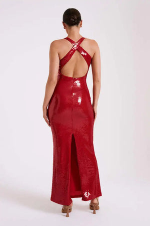 Women's Luxury Sexy Sequin Slit Three-dimensional Flower Dress Hollowed-out Backless Party Dress Winteres